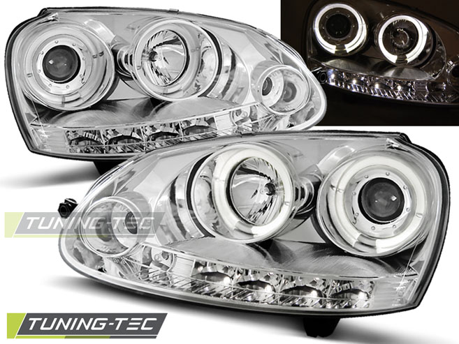 VW Golf 5 03-09 - Přední světla Angel Eyes + LED - Chromová