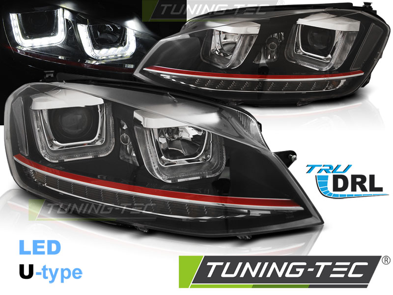 VW Golf 7 12-17 - Přední světla U-LED LIGHT DRL BLACK RED LINE - Černá