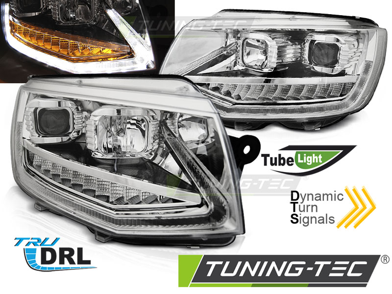 VW T6 15-19 - Přední světla TUBE LIGHT DRL CHROME SEQ - Chromová