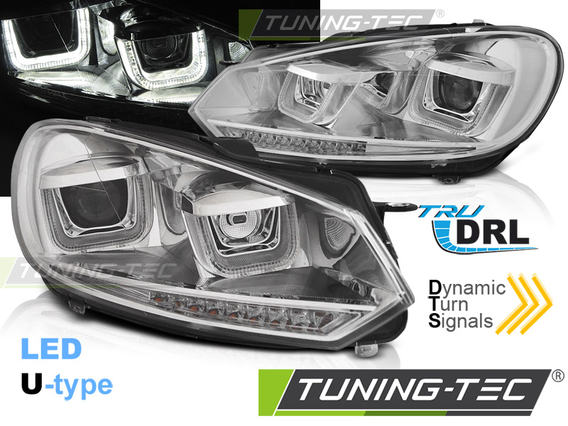 VW Golf 6 08-13 - Přední světla U-LED LIGHT DRL SEQ - Chromová