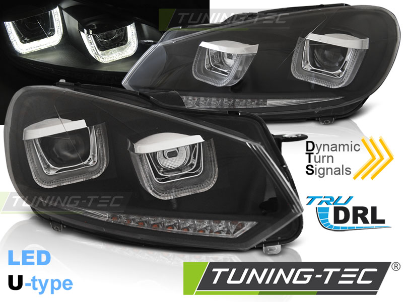 VW Golf 6 08-13 - Přední světla U-LED LIGHT DRL SEQ - Černá