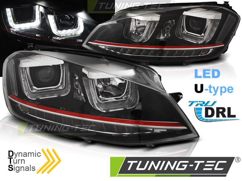 VW Golf 7 12-17 - Přední světla U-LED LIGHT DRL BLACK RED LINE SEQ - Černá